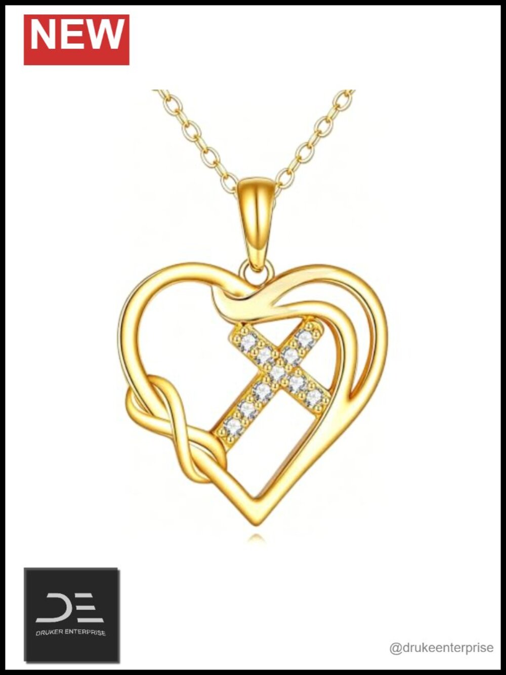 18K Gold Heart Cross Pendant Necklace with CZ, Elegant Christian Jewelry